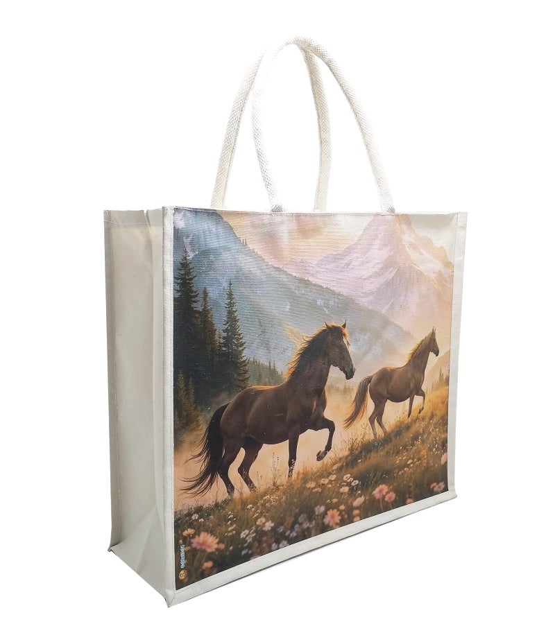 Sangra Large Cotton Canvas Reusable Bags for Travel, Grocery Shopping Bag, Multi-Purpose Bag, Sturdy Handle With Zipper Lock (20 inch X17 inch X7 Inch) (2 horses) - Image 2