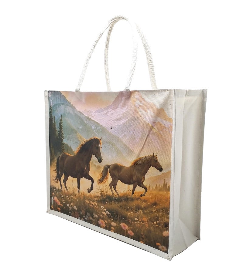 Sangra Large Cotton Canvas Reusable Bags for Travel, Grocery Shopping Bag, Multi-Purpose Bag, Sturdy Handle With Zipper Lock (20 inch X17 inch X7 Inch) (2 horses) - Image 4