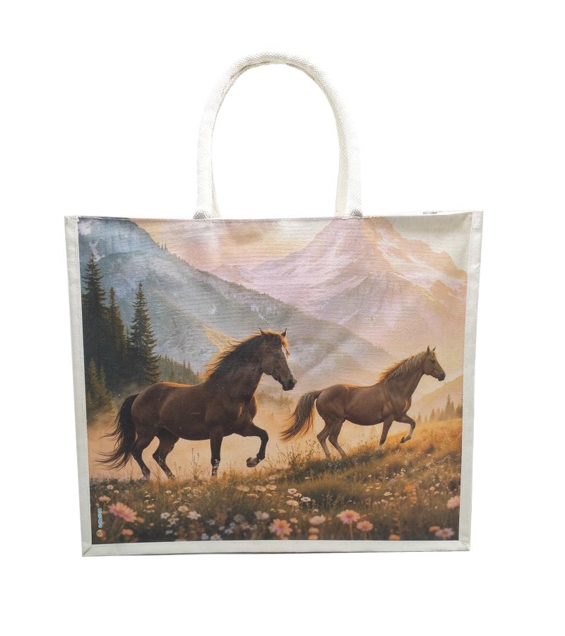 Sangra Large Cotton Canvas Reusable Bags for Travel, Grocery Shopping Bag, Multi-Purpose Bag, Sturdy Handle With Zipper Lock (20 inch X17 inch X7 Inch) (2 horses) - Image 1