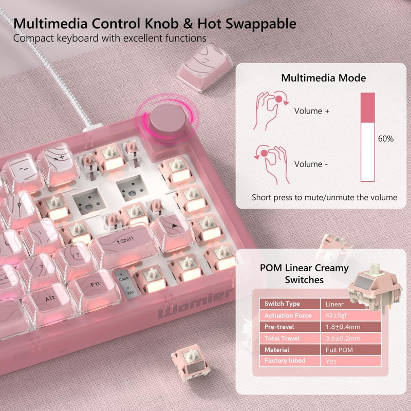 Womier 60% Percent Keyboard Pink Mechanical, QMK/VIA Creamy Gaming Keyboard Topographic, Hot Swappable Gasket Mount RGB Wired Key Board & Translucent Keycaps(VK66 PRO) - Image 3