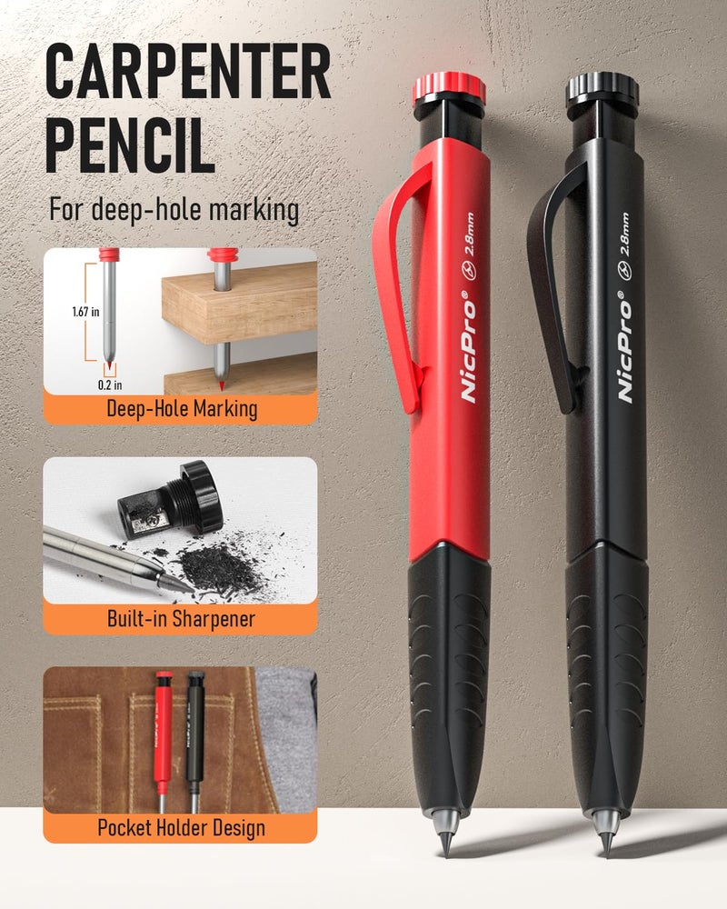 Nicpro 17Pack CP2000 Carpenter Pencil Set with Sharpener, Mechanical Pencils with 57 Refill, Carbide Scribe Woodworking Tool, Deep Hole Marker, All-in-one Heavy Duty Construction Pencil for Architect - Image 2