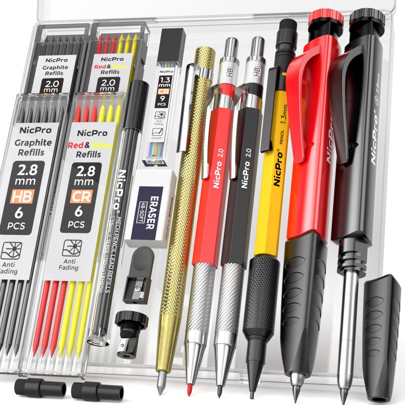 Nicpro 17Pack CP2000 Carpenter Pencil Set with Sharpener, Mechanical Pencils with 57 Refill, Carbide Scribe Woodworking Tool, Deep Hole Marker, All-in-one Heavy Duty Construction Pencil for Architect - Image 1