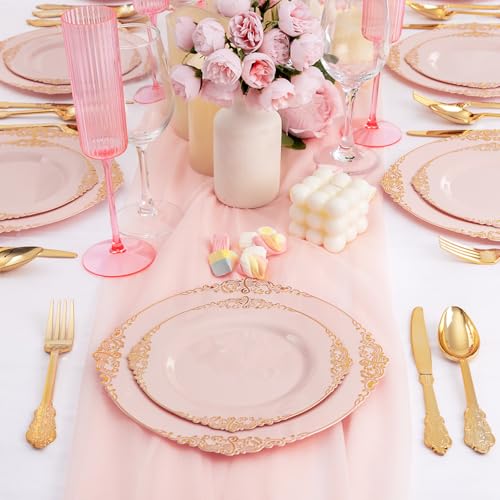 Joyido 102PCS Pink Plastic Plates - Pink and Gold Plate - Heavyweight Disposable Plate with Gold Rim - Fancy Dinner & Dessert Plates for 51 Guests Weddings & Parties - Image 3