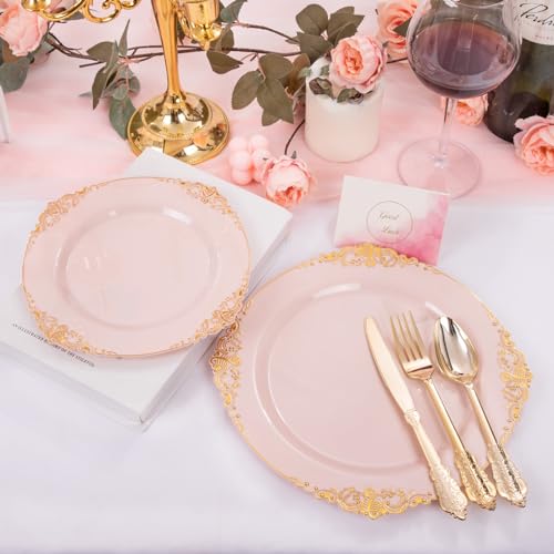 Joyido 102PCS Pink Plastic Plates - Pink and Gold Plate - Heavyweight Disposable Plate with Gold Rim - Fancy Dinner & Dessert Plates for 51 Guests Weddings & Parties - Image 2