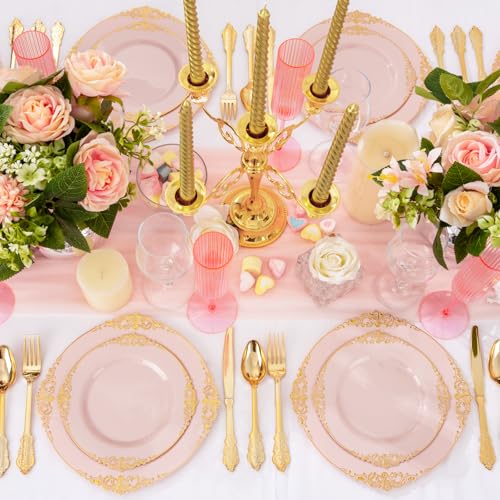Joyido 102PCS Pink Plastic Plates - Pink and Gold Plate - Heavyweight Disposable Plate with Gold Rim - Fancy Dinner & Dessert Plates for 51 Guests Weddings & Parties - Image 4