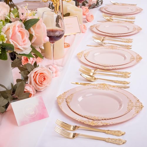 Joyido 102PCS Pink Plastic Plates - Pink and Gold Plate - Heavyweight Disposable Plate with Gold Rim - Fancy Dinner & Dessert Plates for 51 Guests Weddings & Parties - Image 5