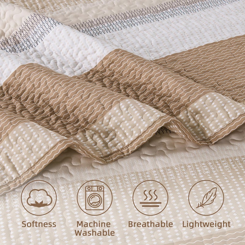 Andency Taupe Striped Quilt King(106x96Inch), 3 Pieces (1 Quilt and 2 Pillowcases) Patchwork Bedspread Coverlet Set, Soft Microfiber Quilted Bedding Set - Image 5