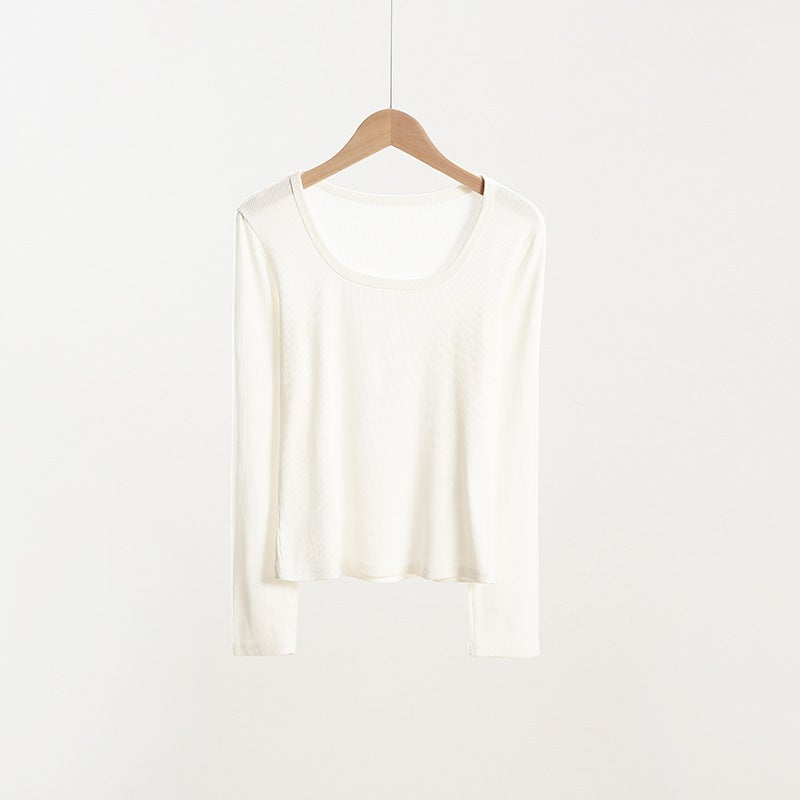 Threaded Modal Short Square Collar Base Shirt Women's All-match Autumn Clothes Slim-fit Styish White Long-sleeved T-shirt - Image 1