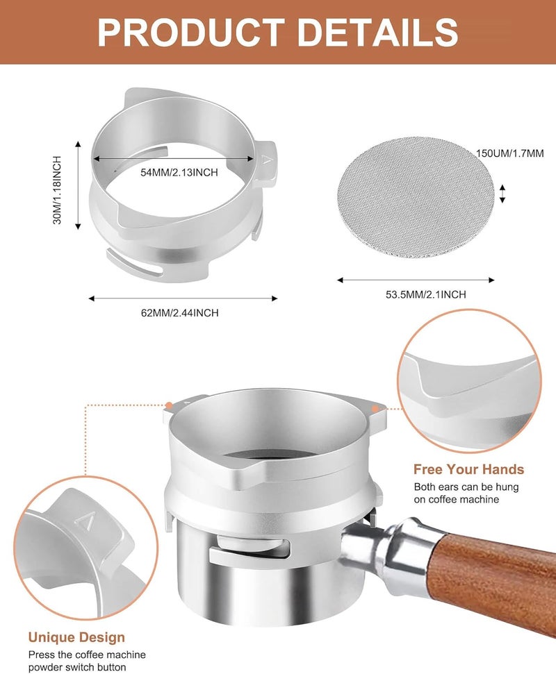 Vomika 54mm Coffee Dosing Funnel, Hands-Free Aluminum Dosing Ring & 53.5mm Stainless Steel Puck Screen, Espresso Accessories for 54mm Breville Barista Portafilters, with Grinding Trigger, Home or Cafe Use - Image 2