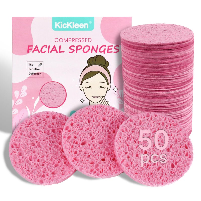 kickleen 50-Count Compressed Facial Sponges|Kickleen 100% Natural Cellulose Cosmetic Spa Sponges for Daily Facial Cleansing|Makeup and Mask Removal|Exfoliating|Skin Massage|Pore Exfoliation (50 Count (Pink)) - Image 1