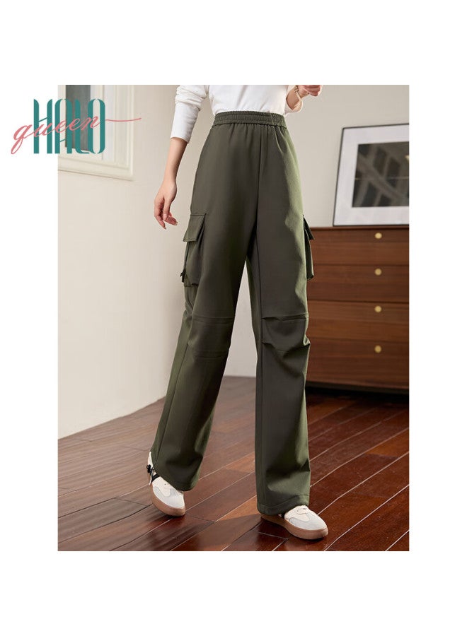 HALOQUEEN Halo Queen Fleece-lined Casual Pants For Women Elastic Waist Fashion Pocket Cargo Pants Warm Leisure Trousers - Image 3