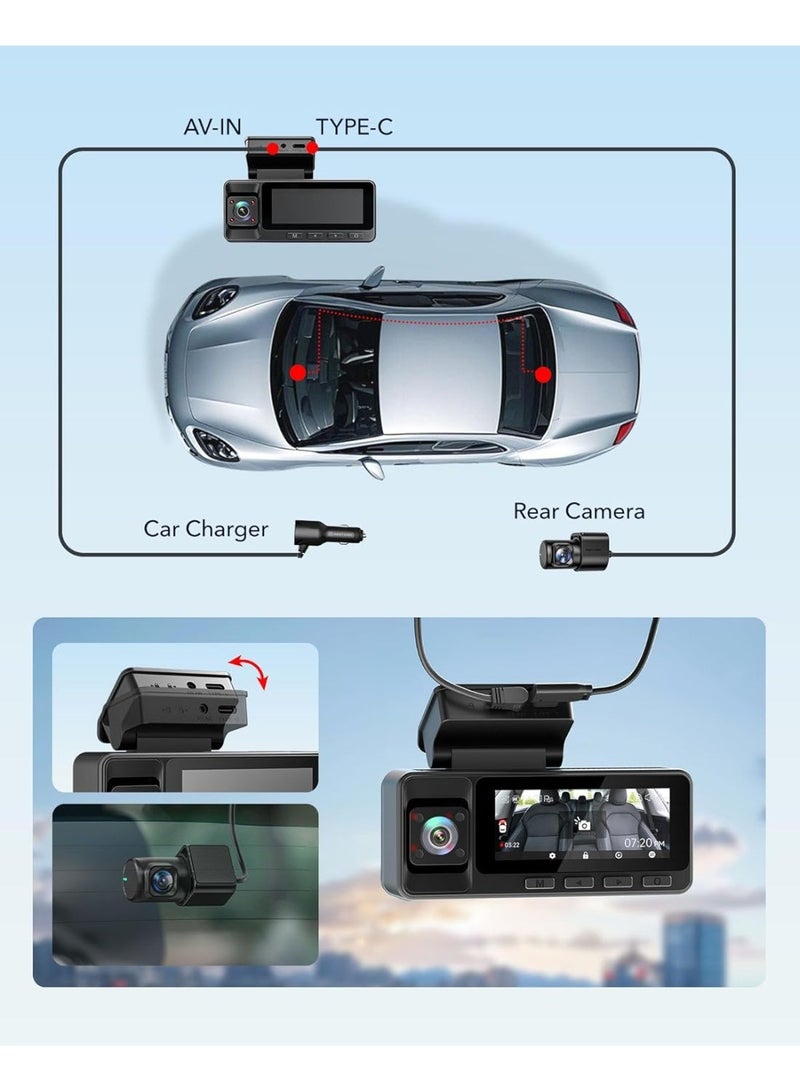 REDTIGER A3 3 Channel Dash Cam Front Rear, 1440P+1080P+1080P Dash Camera, Support Arabic language, Included 32GB Card, 24H Parking Mode, 3.18''Screen Car Camera, WiFi, IR Night Vision, Loop Recording - Image 2