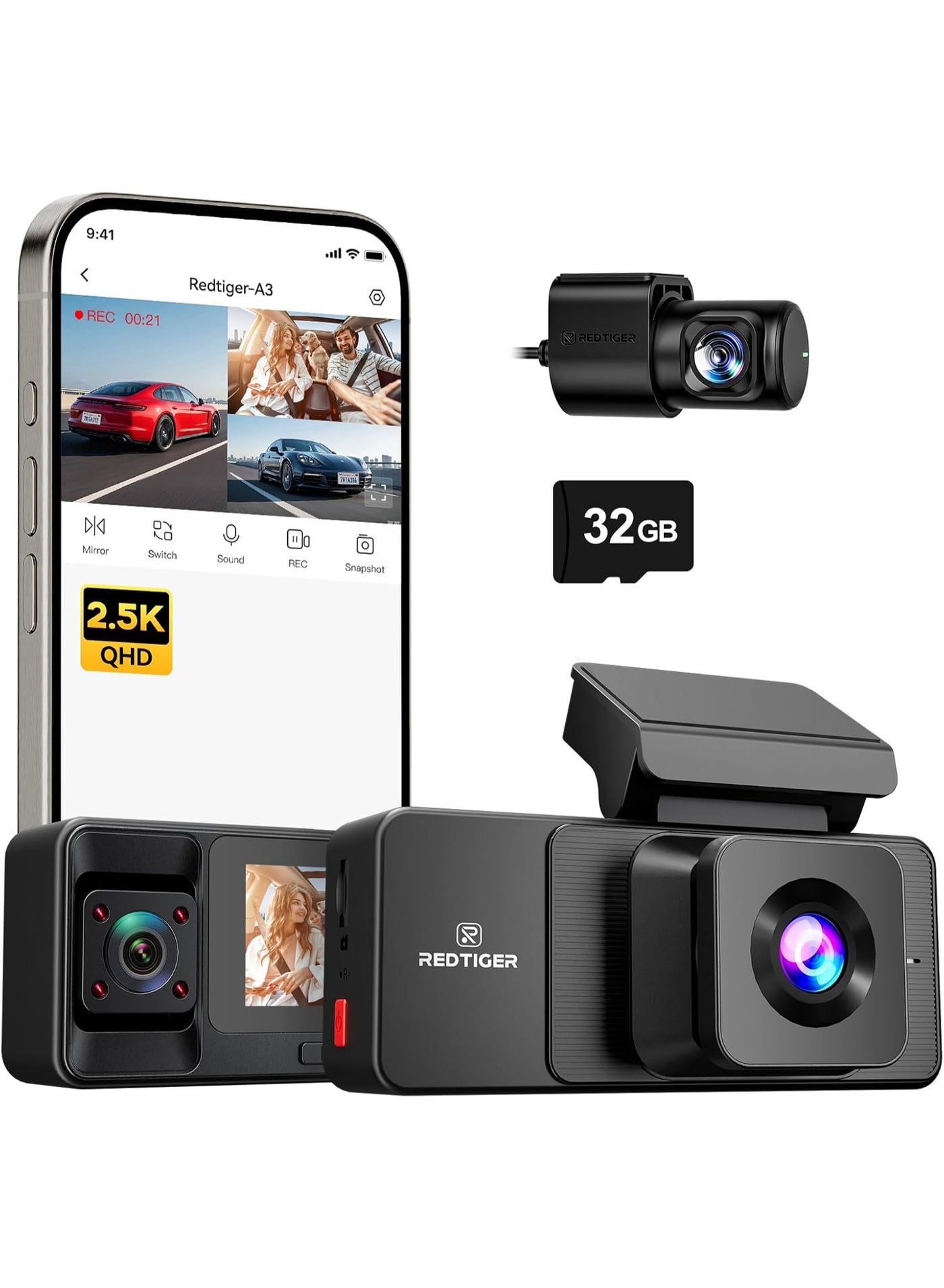 REDTIGER A3 3 Channel Dash Cam Front Rear, 1440P+1080P+1080P Dash Camera, Support Arabic language, Included 32GB Card, 24H Parking Mode, 3.18''Screen Car Camera, WiFi, IR Night Vision, Loop Recording