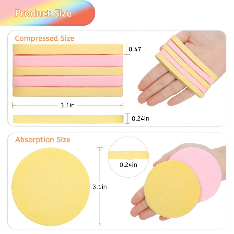 Luxiv 120 Pcs Facial Sponge Compressed, Luxiv Face Cleansing Sponge Estheticians Compressed Makeup Facial Sponge Round Wash Face Sponges for Women Compress Exfoliating Removal Sponge (Pink+Yellow) - Image 2