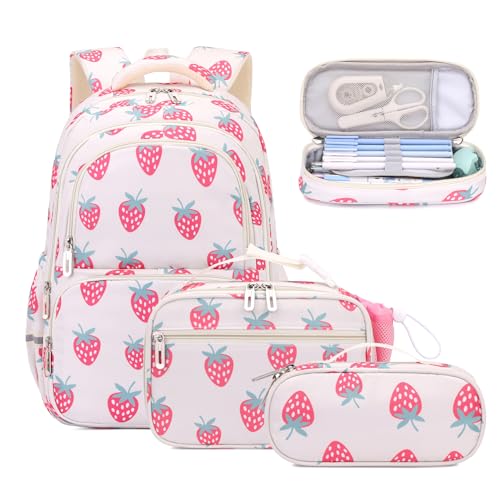 BEFUNIRISE School Backpack Kids Set Middle Elementary Preschool with Lunch Bag Pencil Case Bookbags for Boys Girls AStrawberry Beige - Image 1
