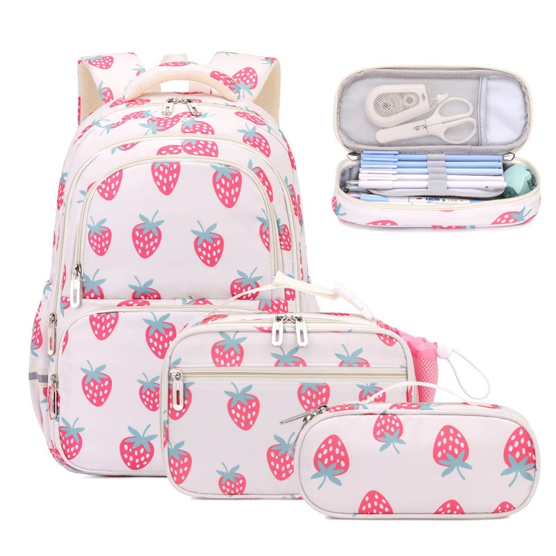 BEFUNIRISE School Backpack Kids Set Middle Elementary Preschool with Lunch Bag Pencil Case Bookbags for Boys Girls AStrawberry Beige - Image 2