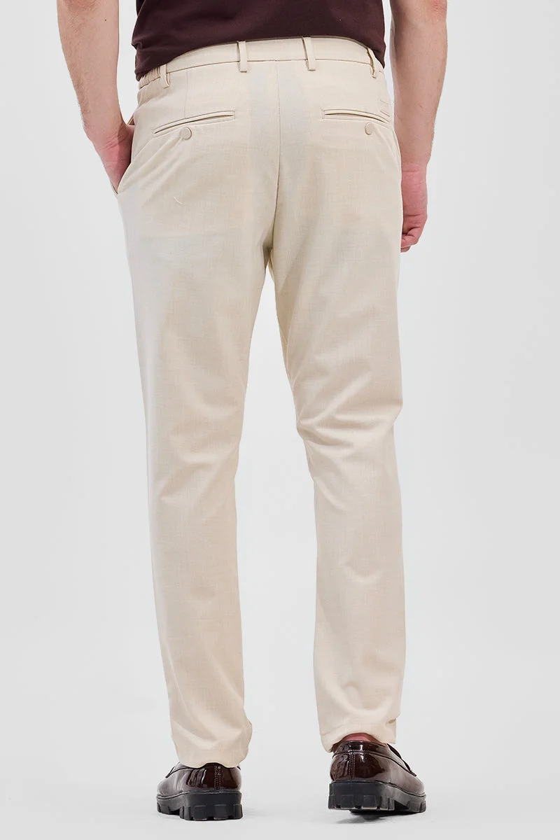 SNITCH Cream Cream Self-Design Stretch Trousers for Men | Best Price UAE
