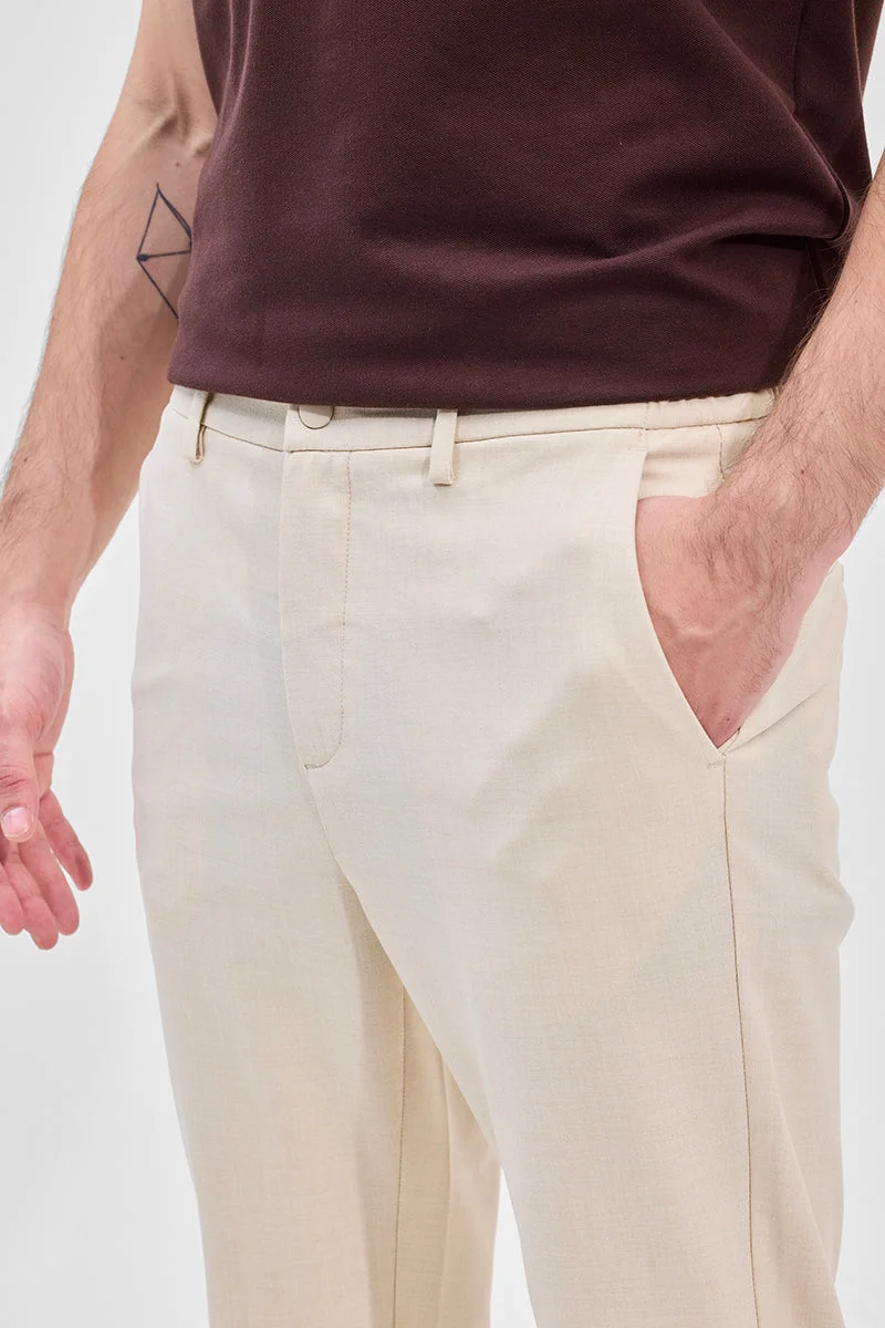 SNITCH Cream Cream Self-Design Stretch Trousers for Men | Best Price UAE