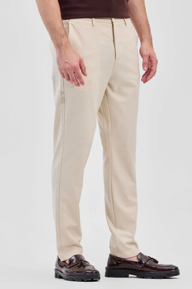 SNITCH Cream Cream Self-Design Stretch Trousers for Men | Best Price UAE