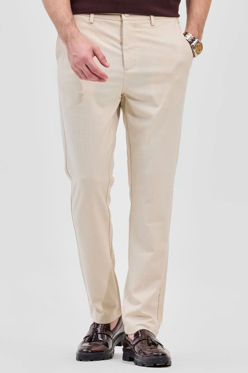 SNITCH Cream Self-Design Stretch Trousers