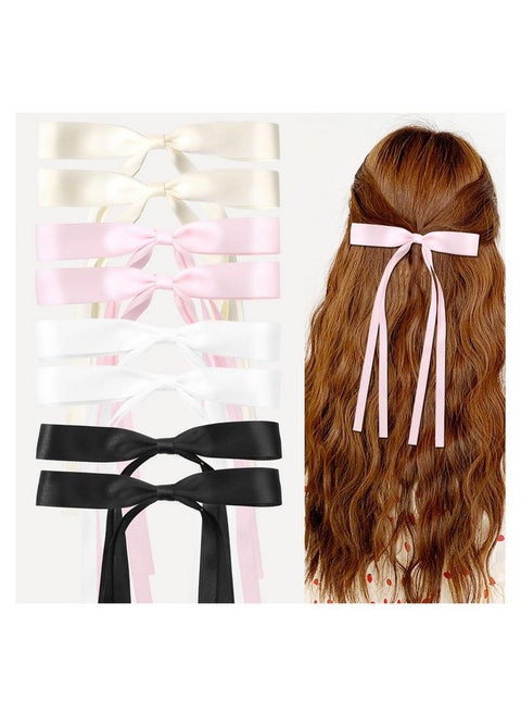 8Pcs Hair Bows For Womenhair Ribbon Hair Bow Clips Hair Ribbons With Long Tassel Tail Silky Satin Cute Hair Accessories Barrettes Claw For Girls，Black Beige Pink White Girl Clip