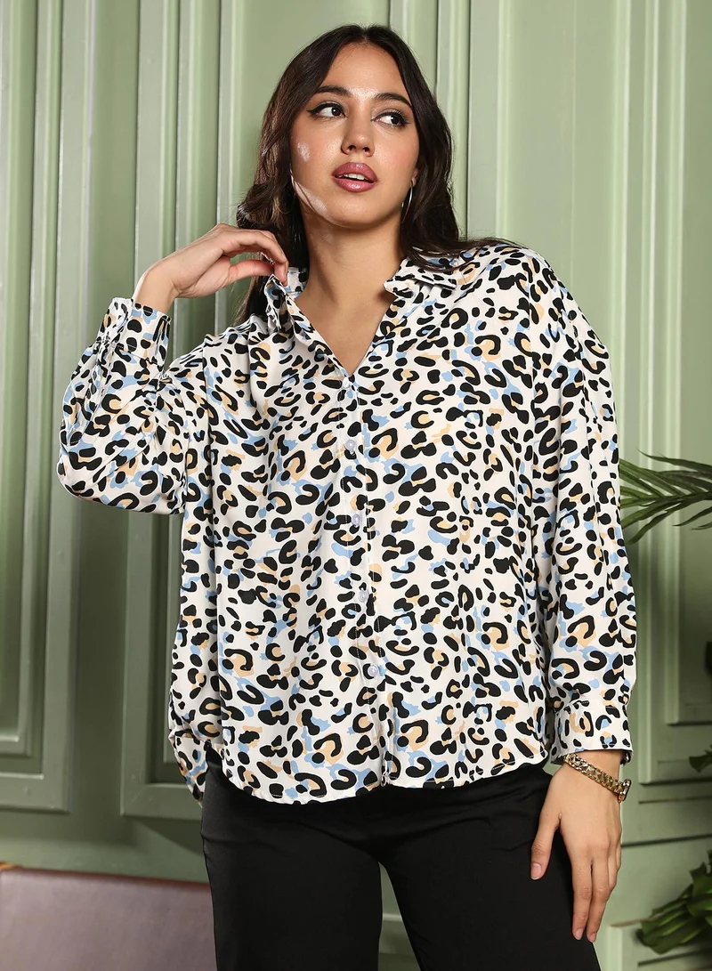 بينيا كولادا Women's Pastel-Cheetah Oversized Shirt | Spread Collar , Long Button-Cuff Sleeves, Button Closure | Animal Print Plain Woven Shirt For Casual & Daily Wear | Chalk White