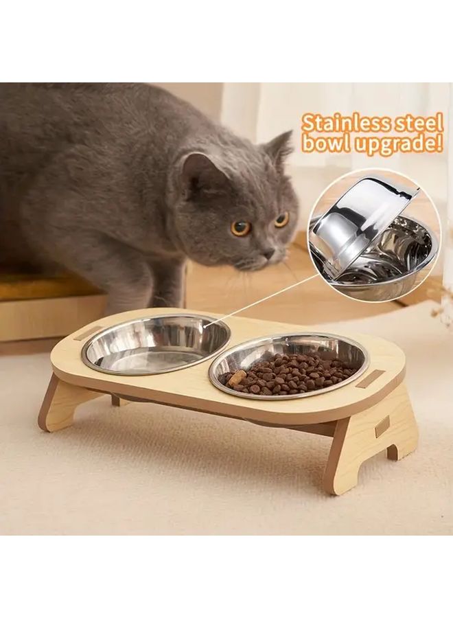 Small 2 In 1 Raised Cat Feeding Station With Stainless Steel Bowls And Wood Stand - Image 1