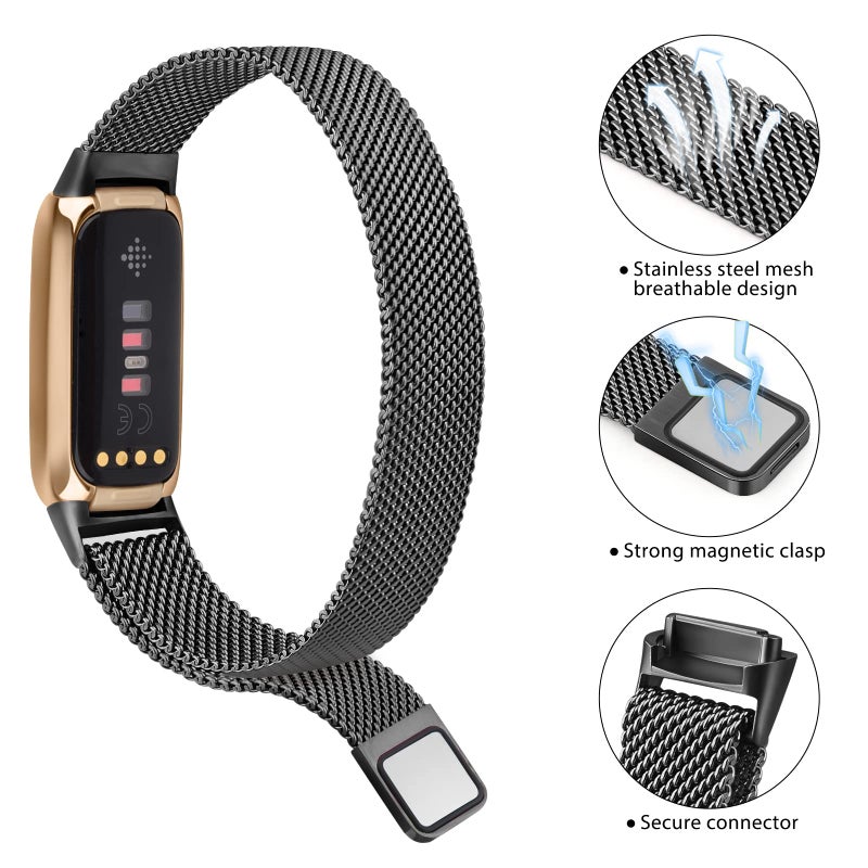 Vanjua Metal Band Compatible with Fitbit Luxe, Stainless Steel Mesh Loop Adjustable Wristband Replacement Strap for Fitbit Luxe Fitness Tracker Women Men (Black) - Image 2