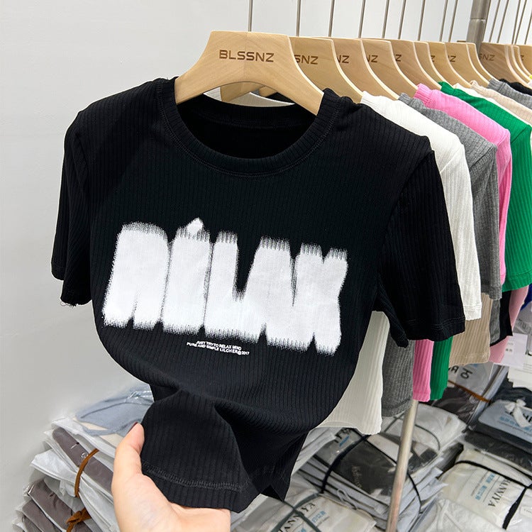 Curved Hem Shoulder Short-Sleeved T-Shirt Women'S Summer Design Sense Slim-Fit Short Letter Printed Top Half-Sleeved T-Shirt - Image 4
