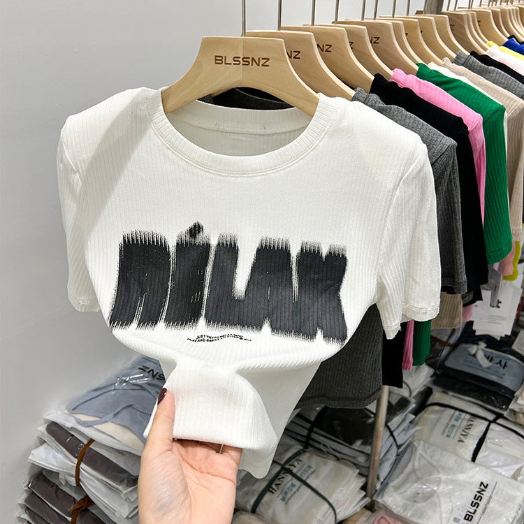 Curved Hem Shoulder Short-Sleeved T-Shirt Women'S Summer Design Sense Slim-Fit Short Letter Printed Top Half-Sleeved T-Shirt - Image 1