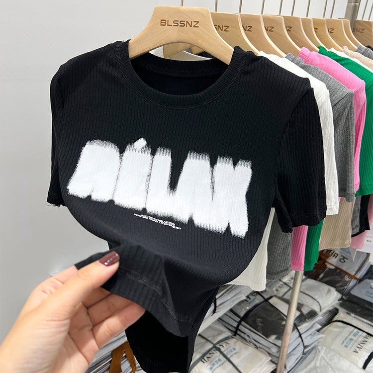 Curved Hem Shoulder Short-Sleeved T-Shirt Women'S Summer Design Sense Slim-Fit Short Letter Printed Top Half-Sleeved T-Shirt - Image 5