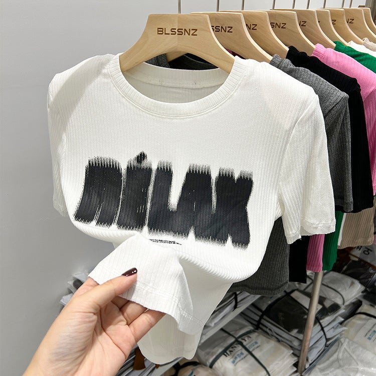 Curved Hem Shoulder Short-Sleeved T-Shirt Women'S Summer Design Sense Slim-Fit Short Letter Printed Top Half-Sleeved T-Shirt - Image 3