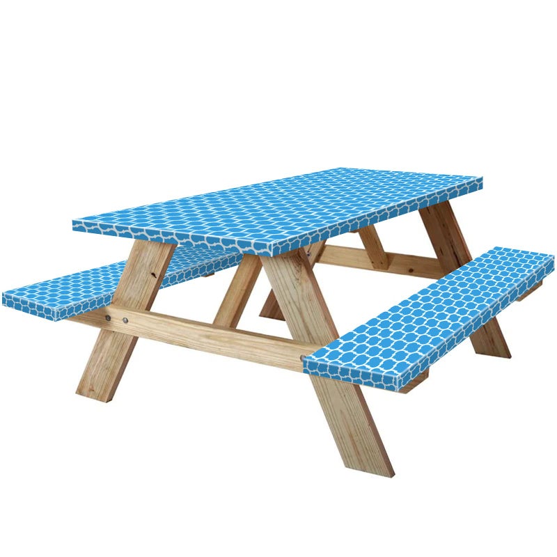 KENOBEE 8ft Picnic Table and Bench Cover Camping Essentials RV Gear 96 in Waterproof Windproof Outdoor Elastic All Around Tablecloth Fitted Rectangle Tables and Seats BlueWhite Moroccan