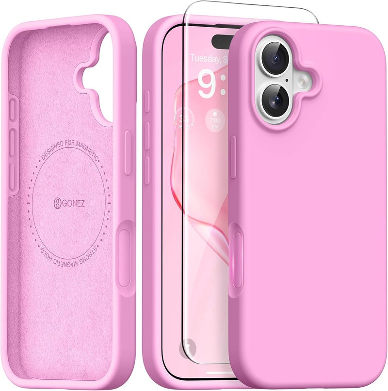 GONEZ Magnetic for iPhone 16 Case, Compatible with MagSafe, [Screen Protector + Camera Lens Protector], Liquid Silicone Shockproof Protective Phone Case for iPhone 16 6.1", Cherry Blossom - Image 1