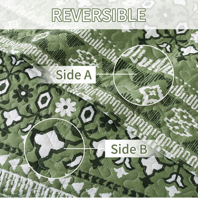 BEDIFANY Quilts Queen Size, Reversible Lightweight Bedspread with Boho Geometry Printed, Bed Spread Coverlet Sets for Bed Decoration, All-Season Queen Quilt Bedding Set (90 * 98 in), 3 Pieces - Green - Image 3