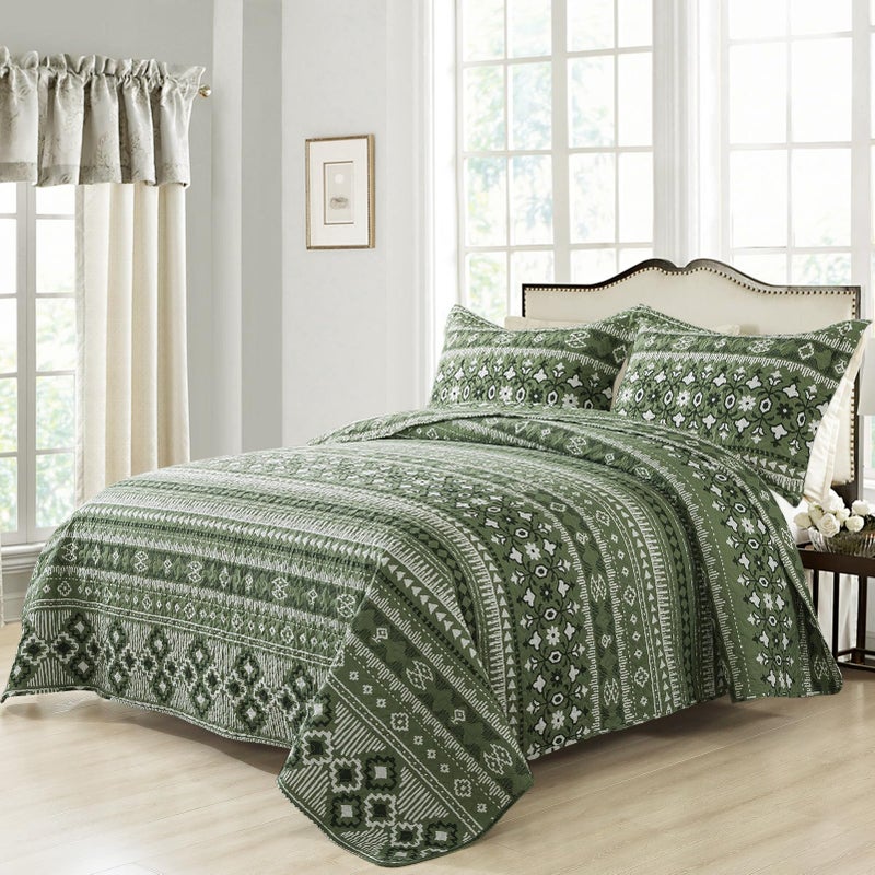 BEDIFANY Quilts Queen Size, Reversible Lightweight Bedspread with Boho Geometry Printed, Bed Spread Coverlet Sets for Bed Decoration, All-Season Queen Quilt Bedding Set (90 * 98 in), 3 Pieces - Green - Image 2