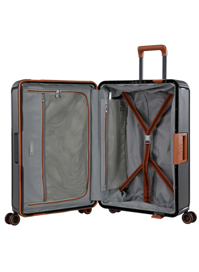eminent Vertica Hard Case Travel Bag Cabin Luggage Trolley Polypropylene Lightweight Suitcase 4 Quiet Double Spinner Wheels With TSA Lock B0006 Dark Grey Brown Trim