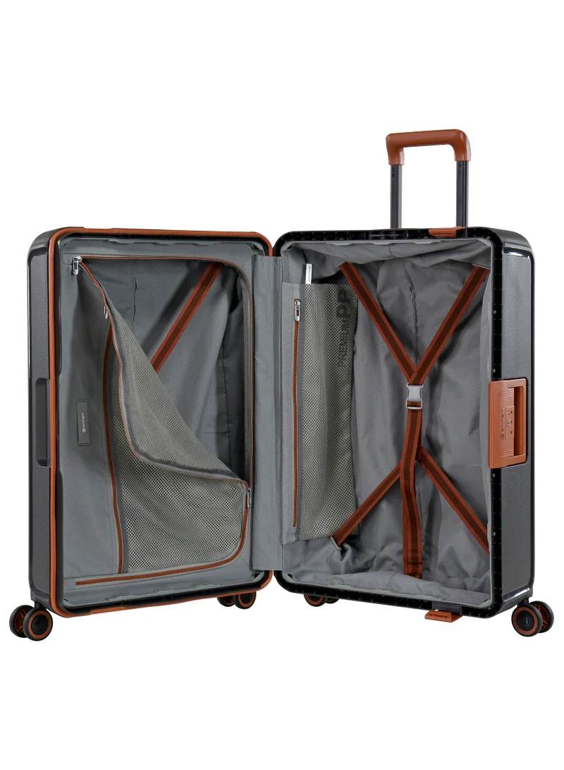 eminent Vertica Hard Case Travel Bag Cabin Luggage Trolley Polypropylene Lightweight Suitcase 4 Quiet Double Spinner Wheels With TSA Lock B0006 Dark Grey Brown Trim