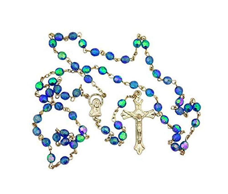 Catholic Brands Light Blue Aurora Borealis Style Glass 6MM Bead Rosary With Virgin Mary Center