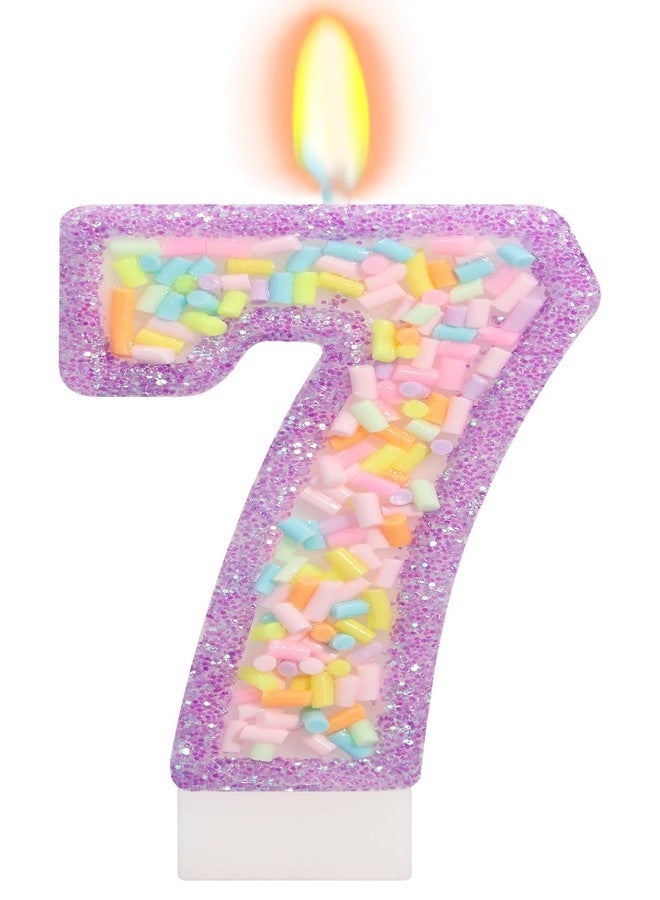 ElekFX Number 7 Birthday Candle with Sprinkles, Pastel Purple Unicorn Rainbow Cake Topper, Sweet Candyland Party Decorations for Girl Boy 7th Birthday - Image 1