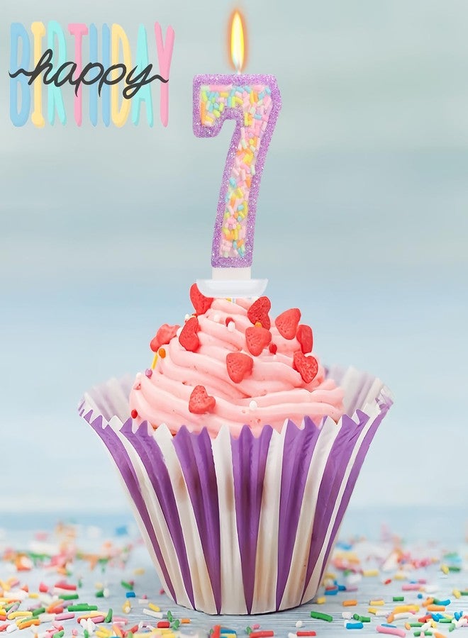 ElekFX Number 7 Birthday Candle with Sprinkles, Pastel Purple Unicorn Rainbow Cake Topper, Sweet Candyland Party Decorations for Girl Boy 7th Birthday - Image 3