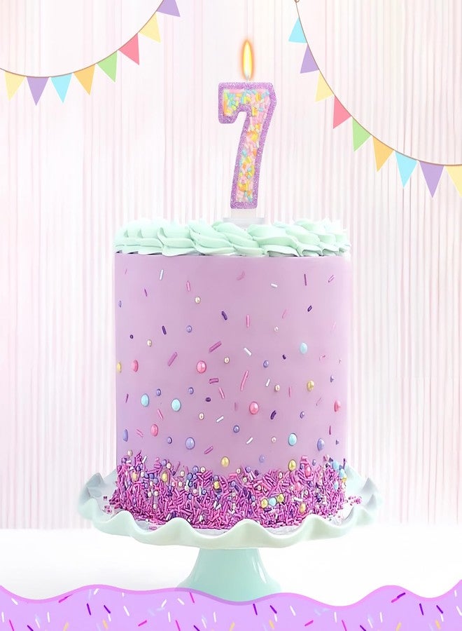 ElekFX Number 7 Birthday Candle with Sprinkles, Pastel Purple Unicorn Rainbow Cake Topper, Sweet Candyland Party Decorations for Girl Boy 7th Birthday - Image 4