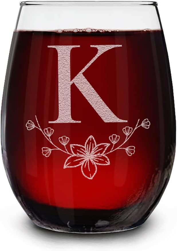 Shop4Ever Floral Monogram Engraved Initial Letter Stemless Wine Glass 15 oz Personalized Monogrammed Custom Gift K  - Image 1