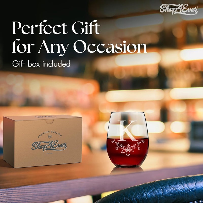 Shop4Ever Floral Monogram Engraved Initial Letter Stemless Wine Glass 15 oz Personalized Monogrammed Custom Gift K  - Image 5