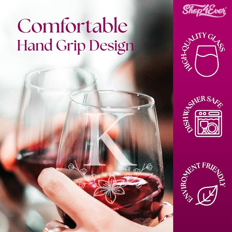 Shop4Ever Floral Monogram Engraved Initial Letter Stemless Wine Glass 15 oz Personalized Monogrammed Custom Gift K  - Image 4