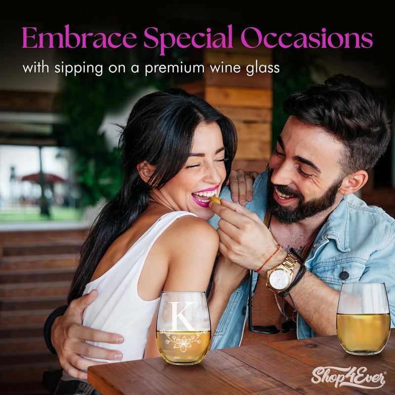 Shop4Ever Floral Monogram Engraved Initial Letter Stemless Wine Glass 15 oz Personalized Monogrammed Custom Gift K  - Image 2