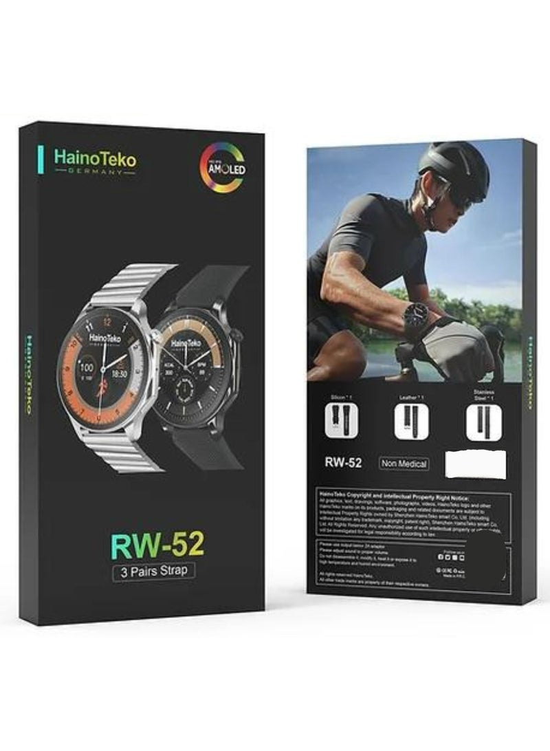 Haino Teko RW52 Round Smartwatch – AMOLED Display, 3 Pairs Straps, Fitness Tracker, Heart Rate & Sports Mode, Waterproof, Compatible with Android & iOS, for Men & Boys – Silver - Image 2