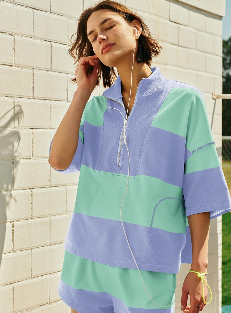 Yanekop Womens Summer Striped Short Set Matching Lounge Sets 2 Piece Outfits Two piece Workout Sets with Pockets(Mint Purple,M) - Image 5