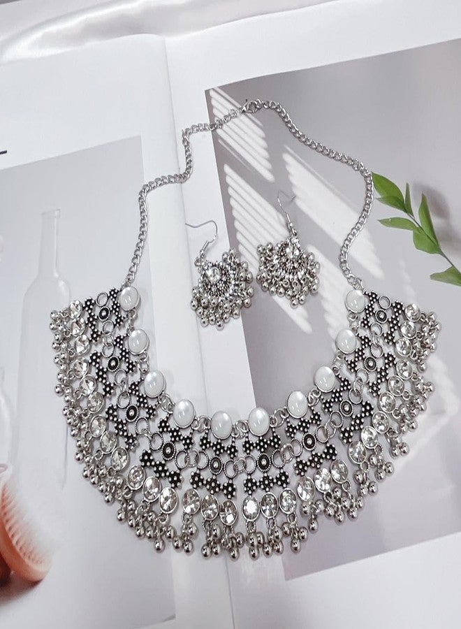 OIDIMS Oxidized Punk Traditional Indian Jewellery Set for Women Boho Bollywood Beads Earring Dangle Tassels Choker Necklace Turquoise Crystal Ethnic Wedding Party Jewelry Gift Daily Wear Birthday (Clear) - Image 5