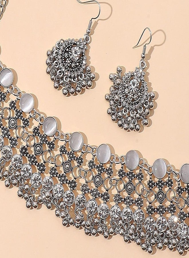 OIDIMS Oxidized Punk Traditional Indian Jewellery Set for Women Boho Bollywood Beads Earring Dangle Tassels Choker Necklace Turquoise Crystal Ethnic Wedding Party Jewelry Gift Daily Wear Birthday (Clear) - Image 3